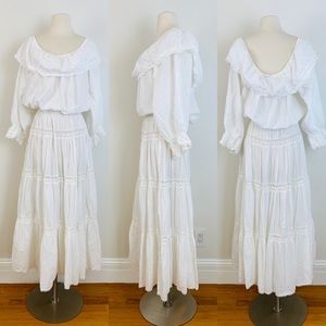 Vintage 80s crinkle cotton maxi dress off shoulder full skirt lace trim